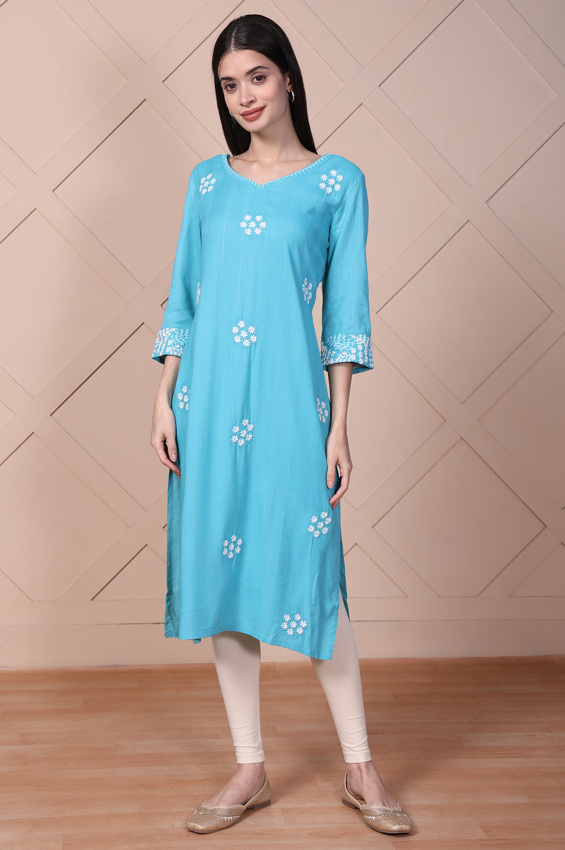 Blue Embroidered Straight Rayon Kurta
