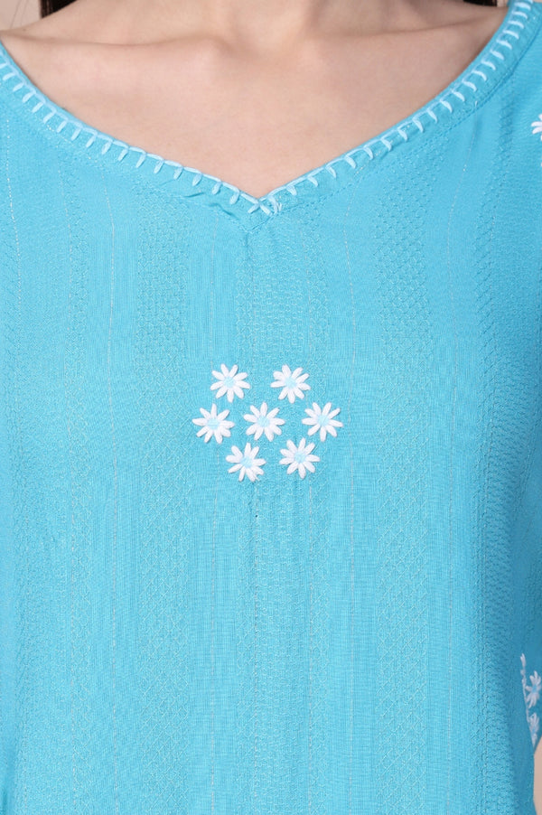 Blue Embroidered Straight Rayon Kurta