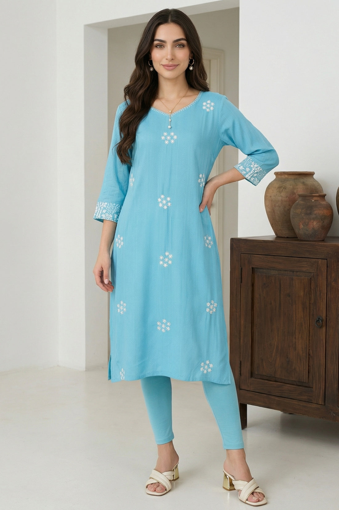 Blue Embroidered Straight Rayon Kurta