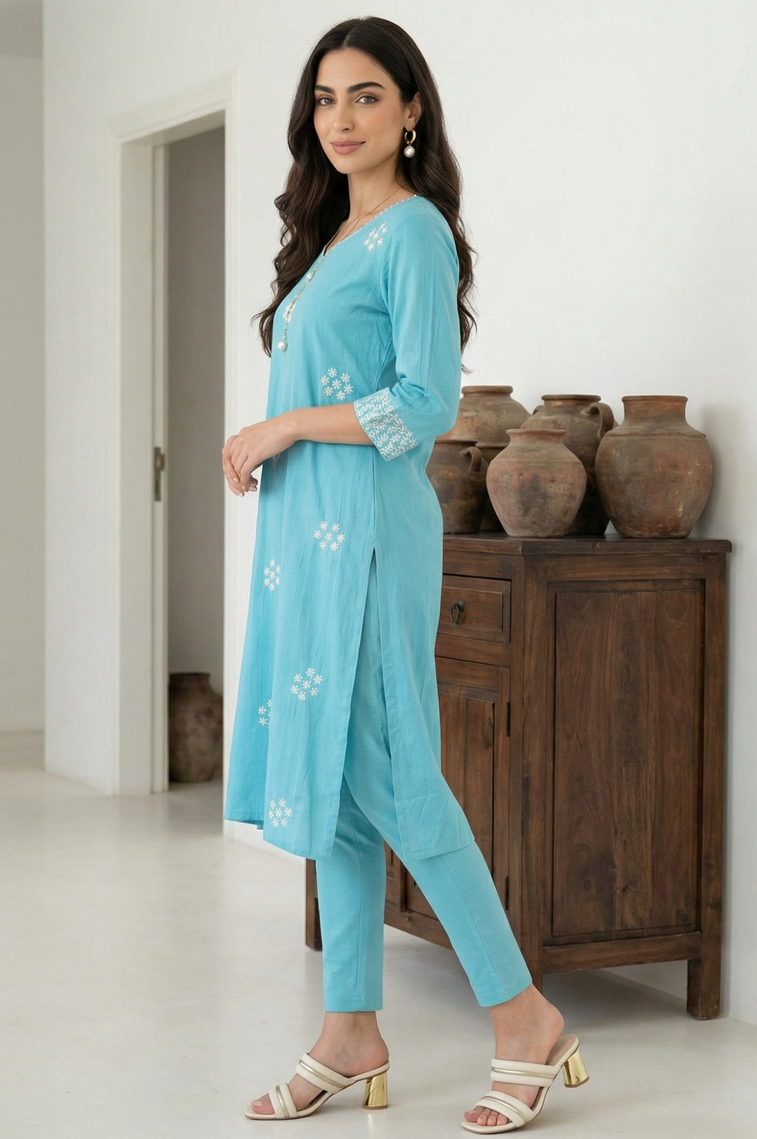 Blue Embroidered Straight Rayon Kurta