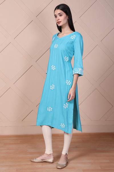 Blue Embroidered Straight Rayon Kurta