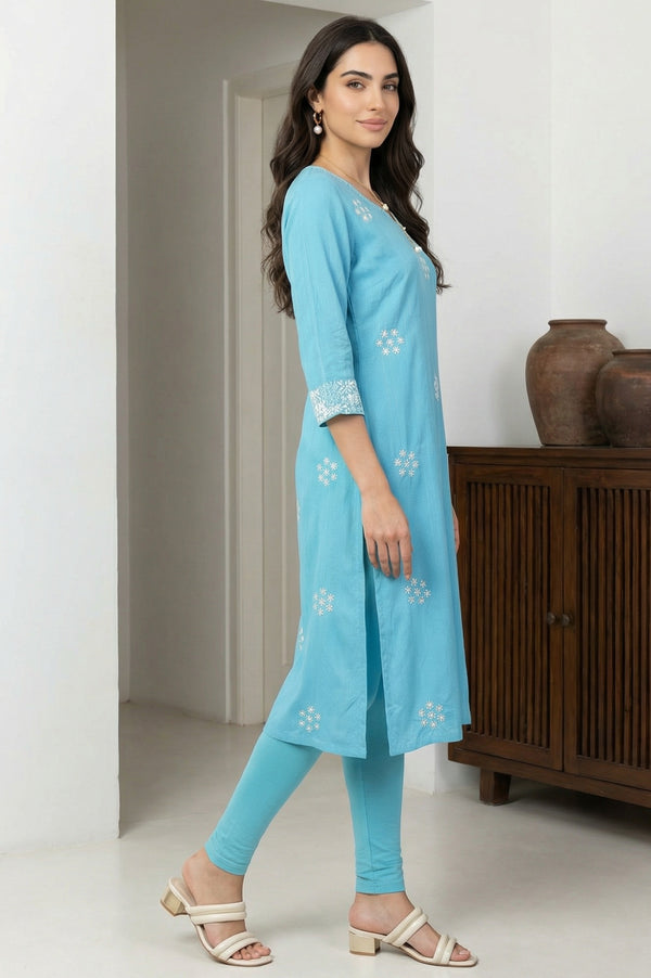Blue Embroidered Straight Rayon Kurta