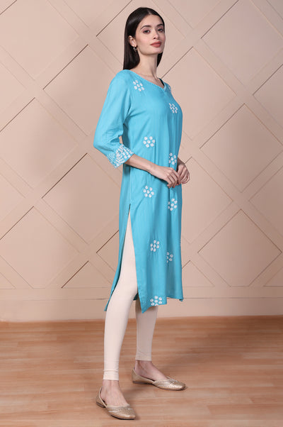 Blue Embroidered Straight Rayon Kurta