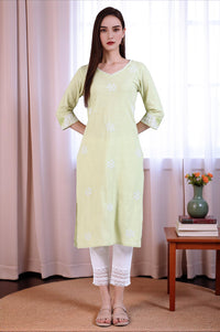 Light Green Thread Embroidered Pure Cotton Straight Kurta