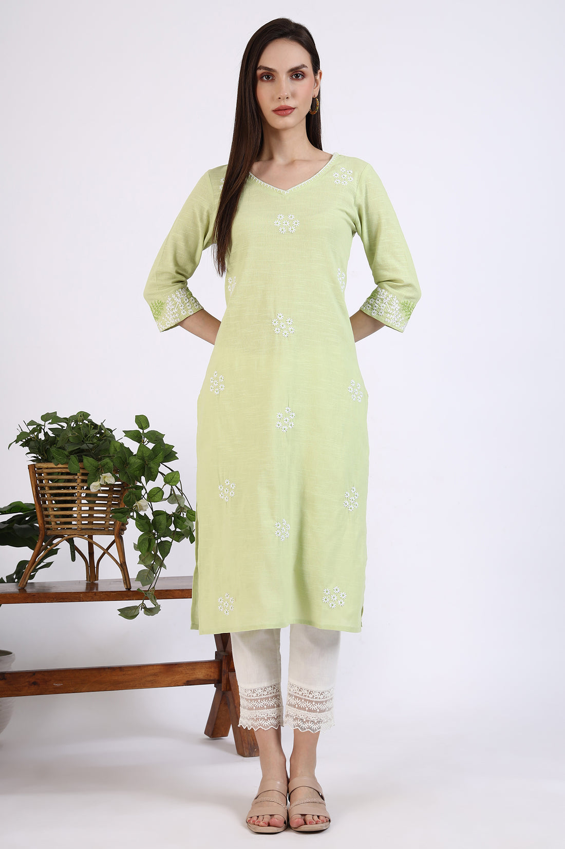 Light Green Thread Embroidered Pure Cotton Straight Kurta