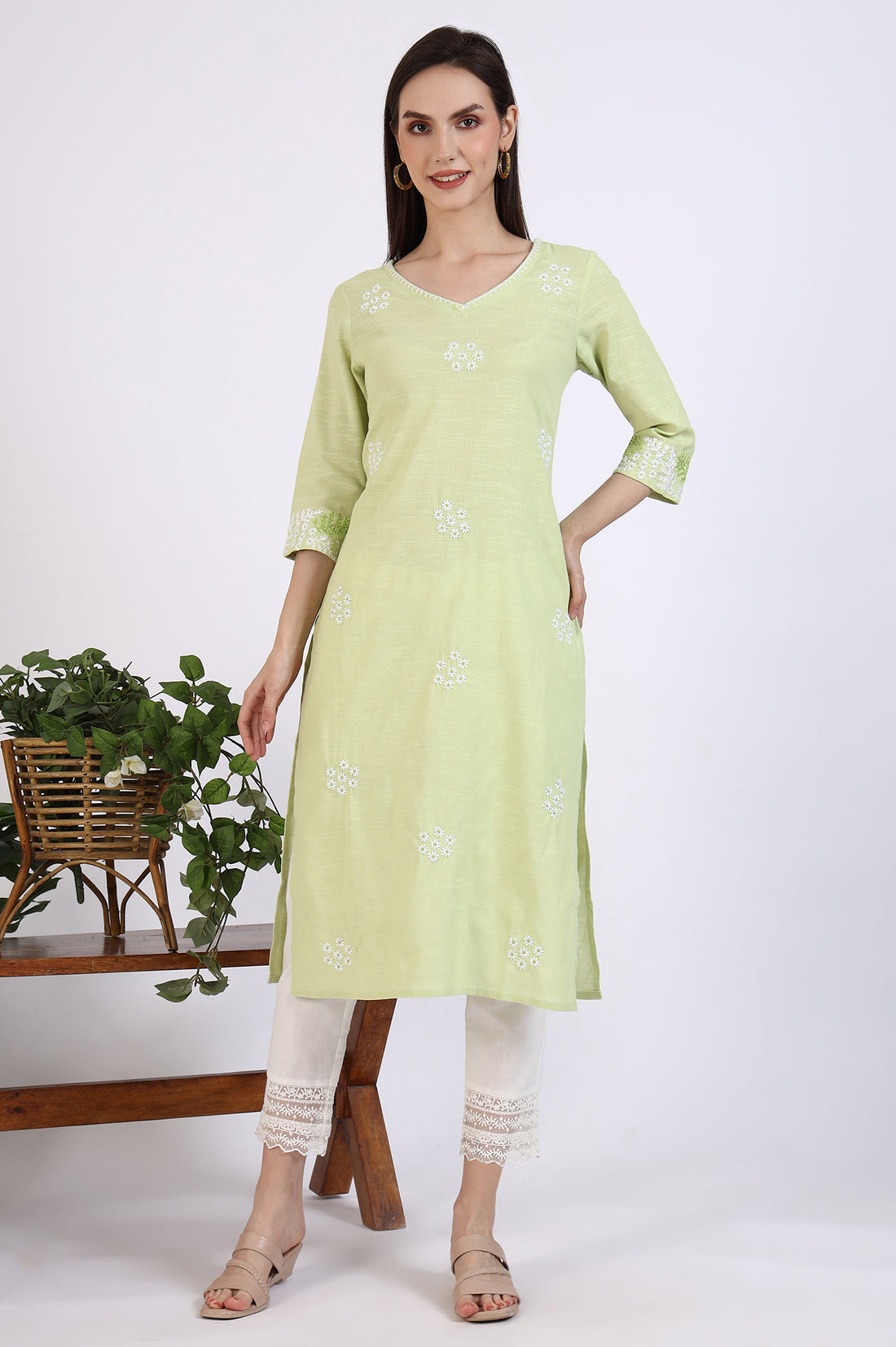 Light Green Thread Embroidered Pure Cotton Straight Kurta