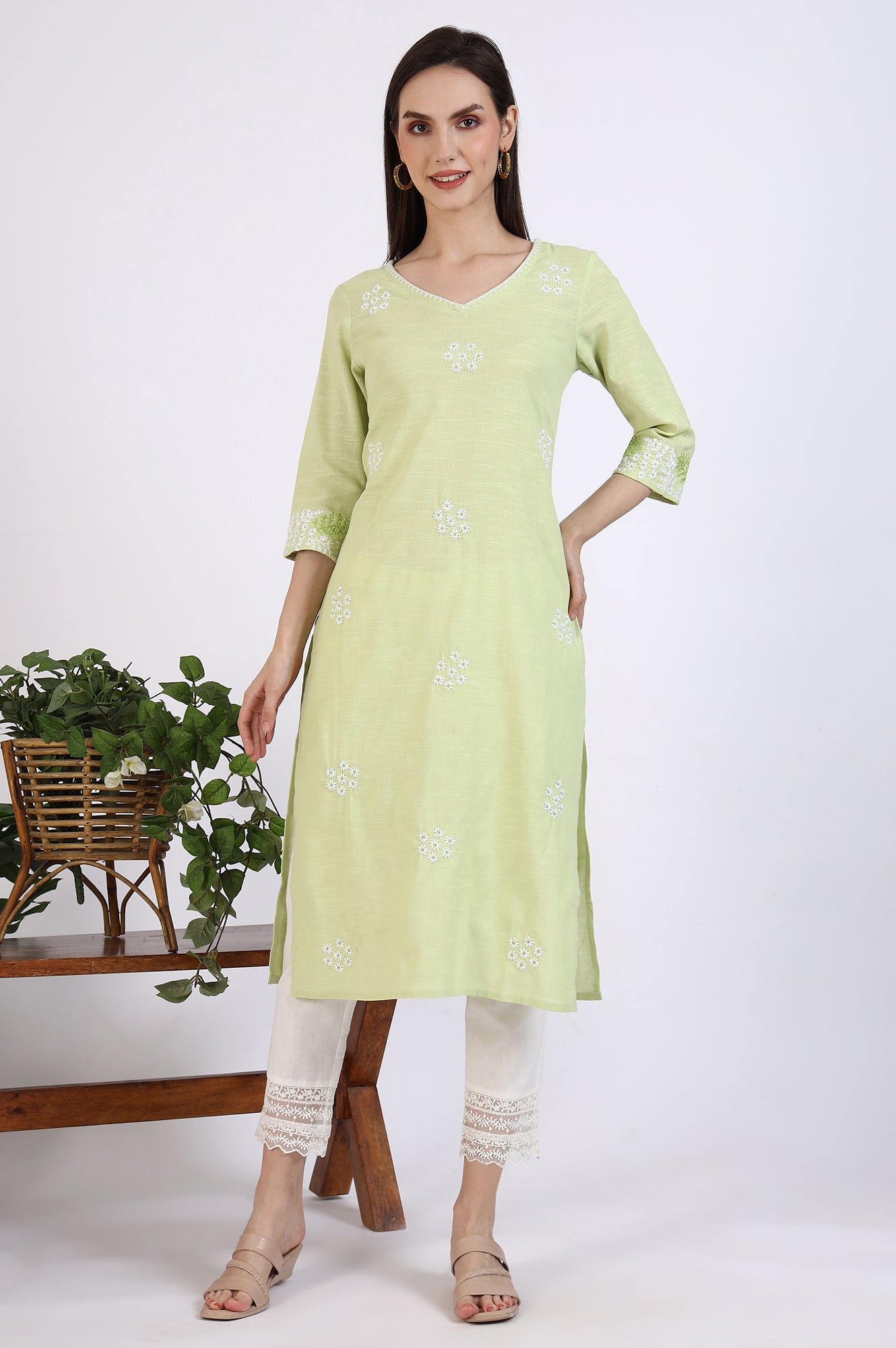 Light Green Thread Embroidered Pure Cotton Straight Kurta