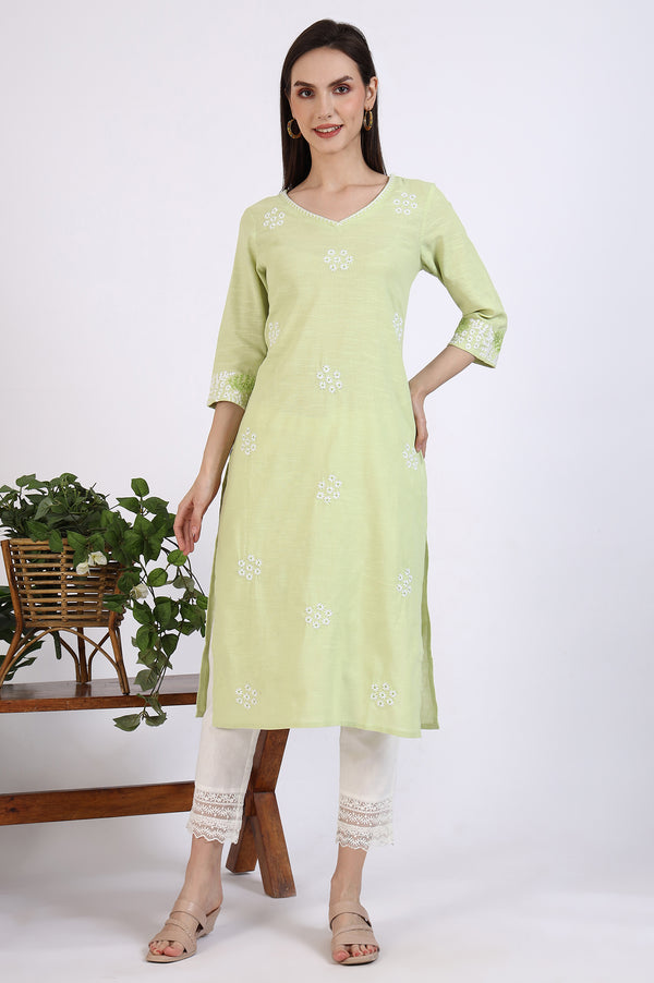 Light Green Thread Embroidered Pure Cotton Straight Kurta