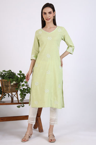 Light Green Thread Embroidered Pure Cotton Straight Kurta