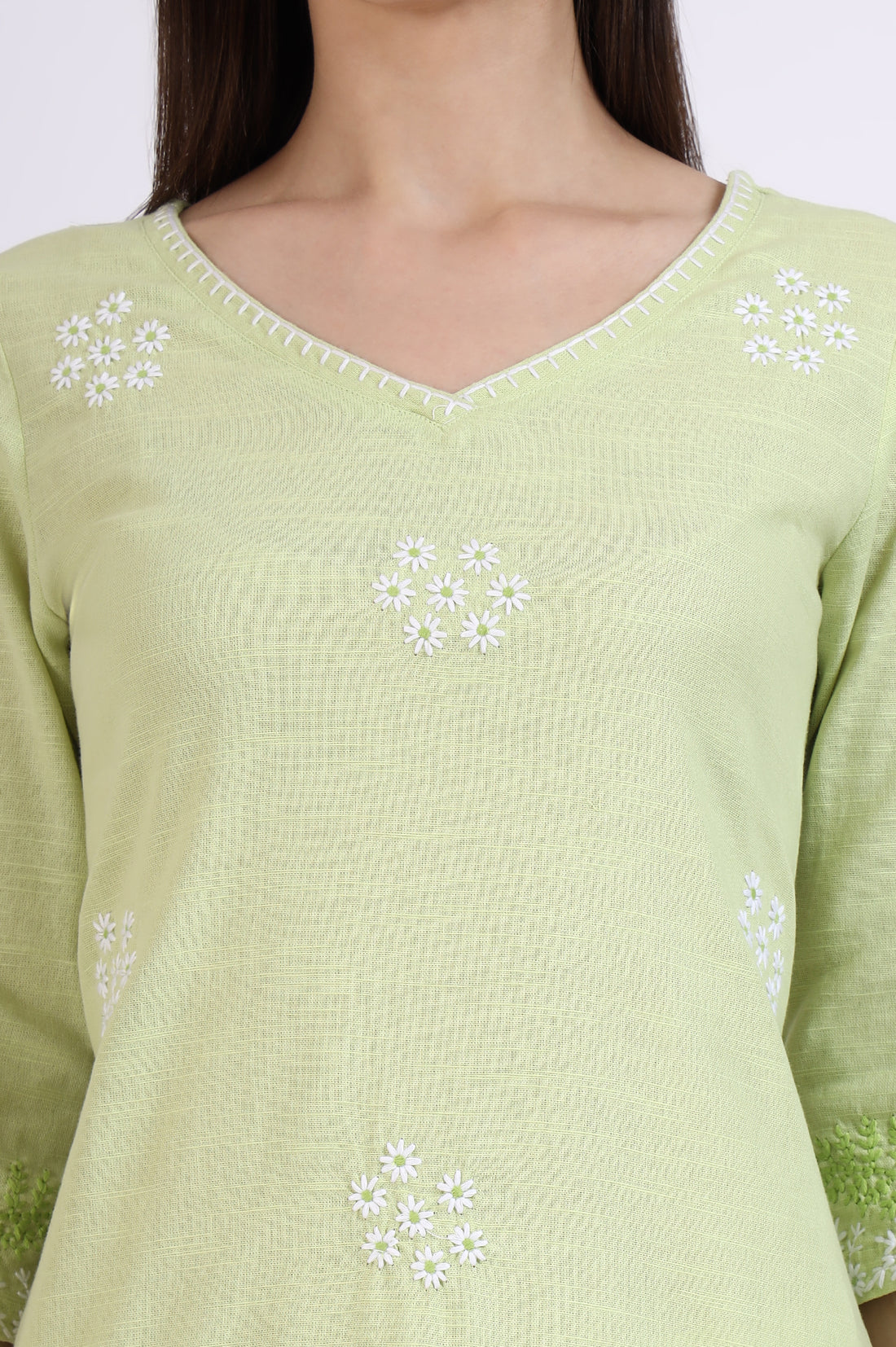 Light Green Thread Embroidered Pure Cotton Straight Kurta