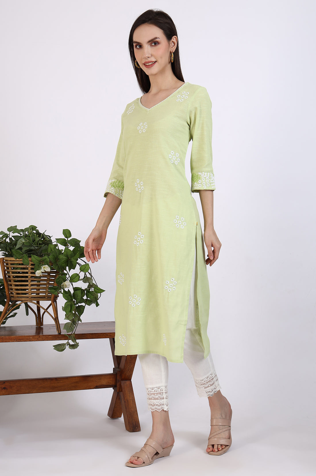 Light Green Thread Embroidered Pure Cotton Straight Kurta