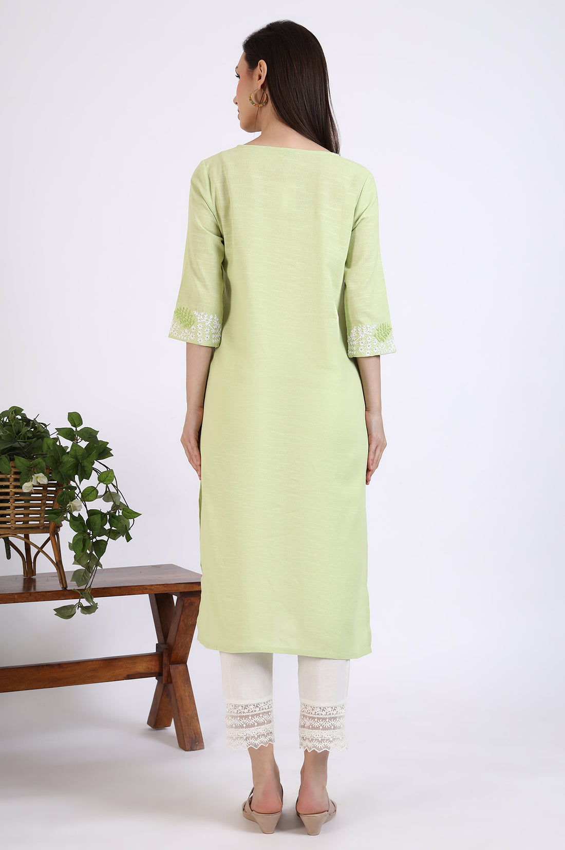 Light Green Thread Embroidered Pure Cotton Straight Kurta