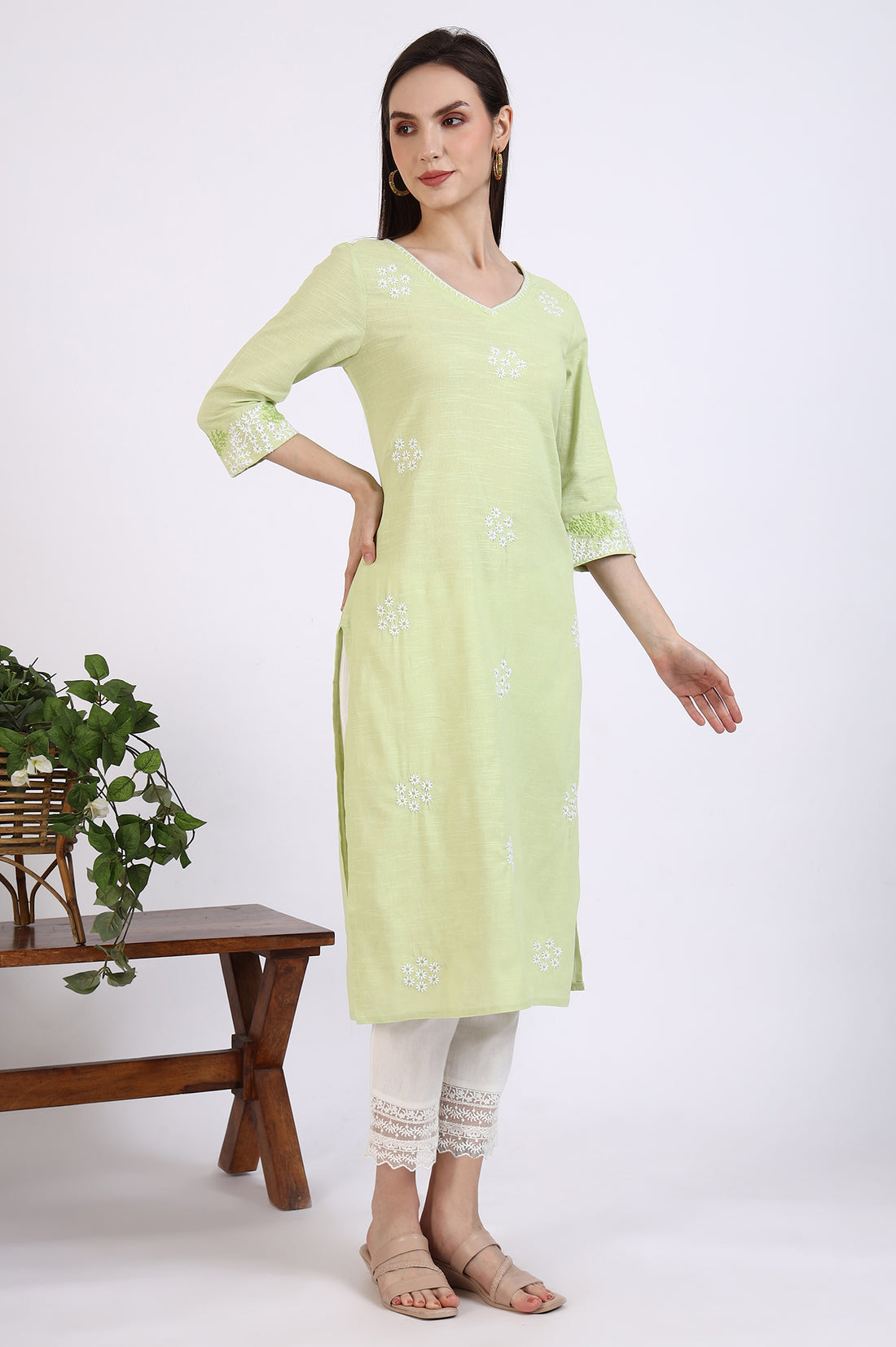Light Green Thread Embroidered Pure Cotton Straight Kurta