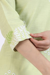 Light Green Thread Embroidered Pure Cotton Straight Kurta