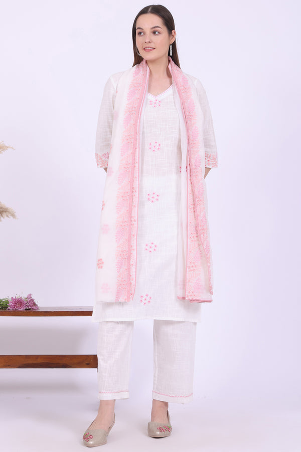 White Embroidered Straight Pure Cotton Kurta