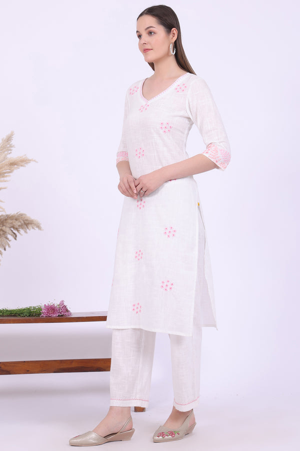 White Embroidered Straight Pure Cotton Kurta