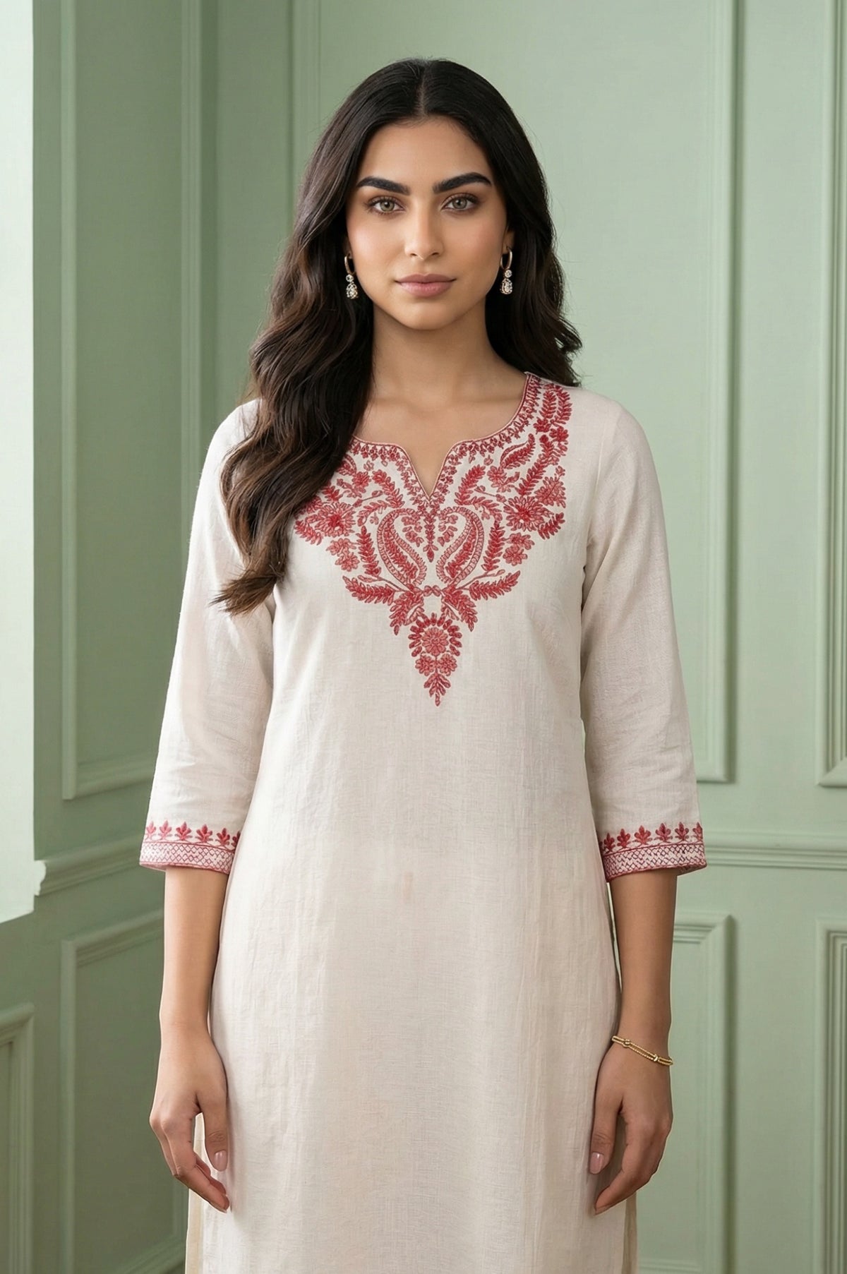 Off-White Embroidered Straight Cotton Kurta - XS