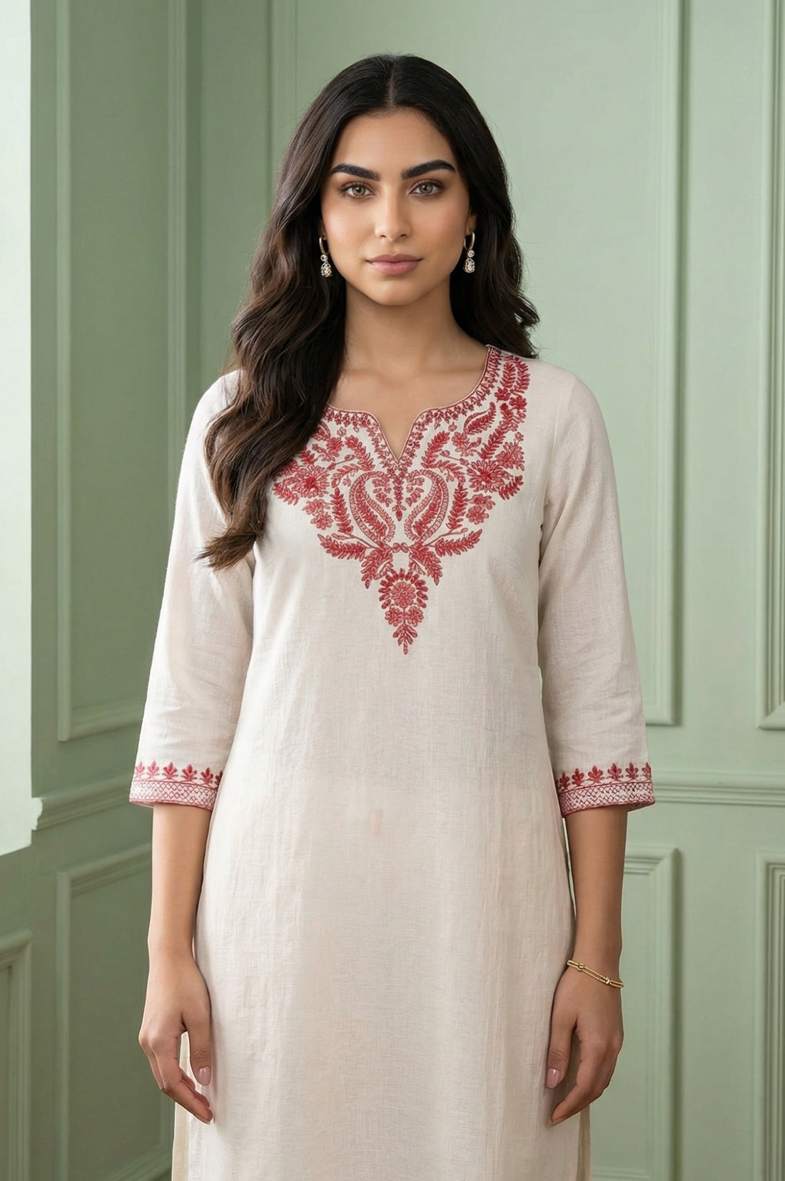 Off-White Embroidered Straight Cotton Kurta
