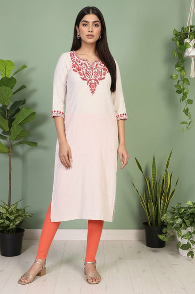 Off-White Embroidered Straight Cotton Kurta