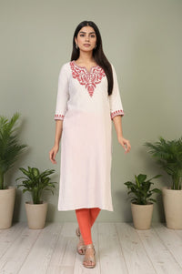 Off-White Embroidered Straight Cotton Kurta