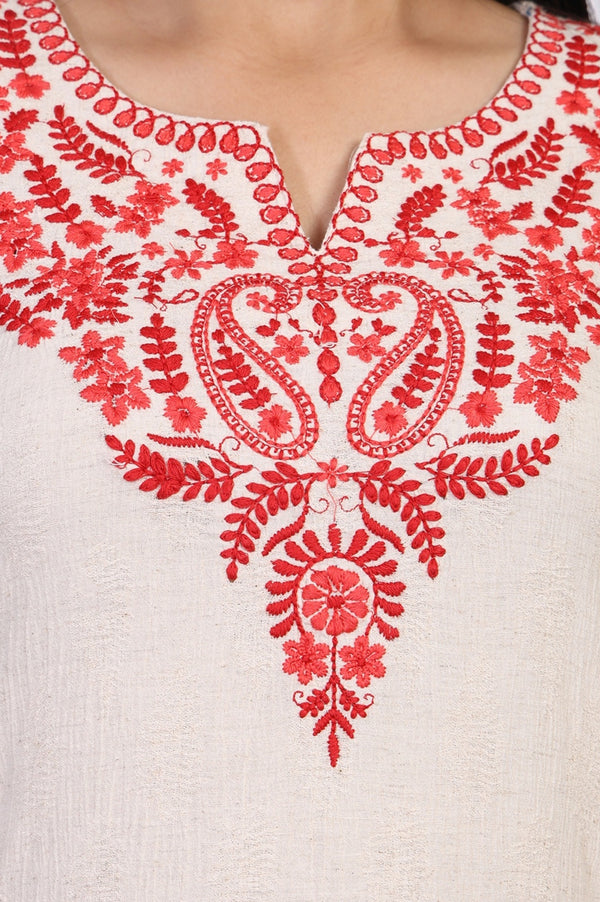 Off-White Embroidered Straight Cotton Kurta