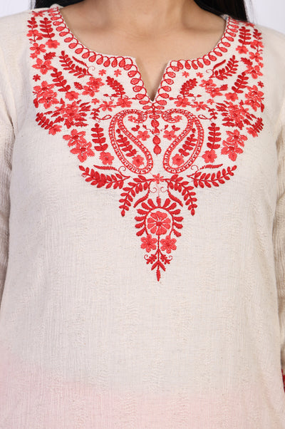 Off-White Embroidered Straight Cotton Kurta
