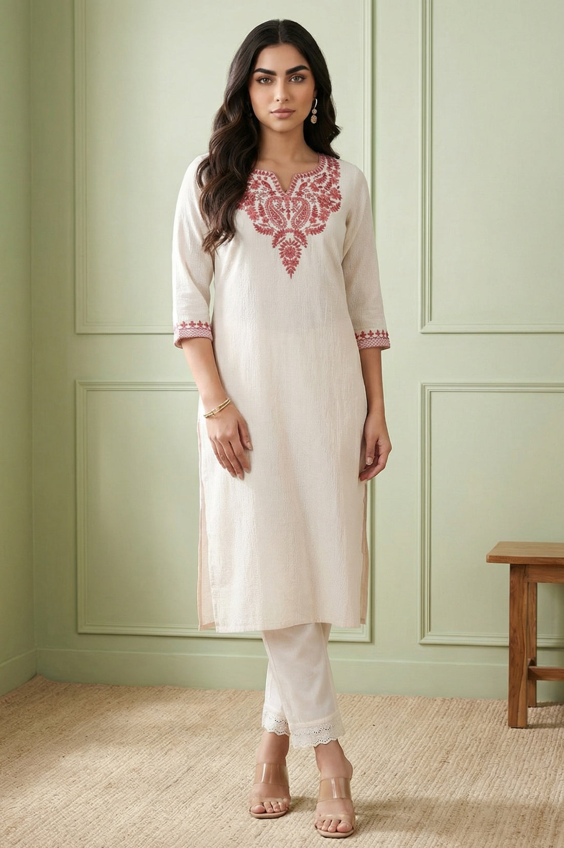Off-White Embroidered Straight Cotton Kurta