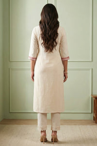 Off-White Embroidered Straight Cotton Kurta