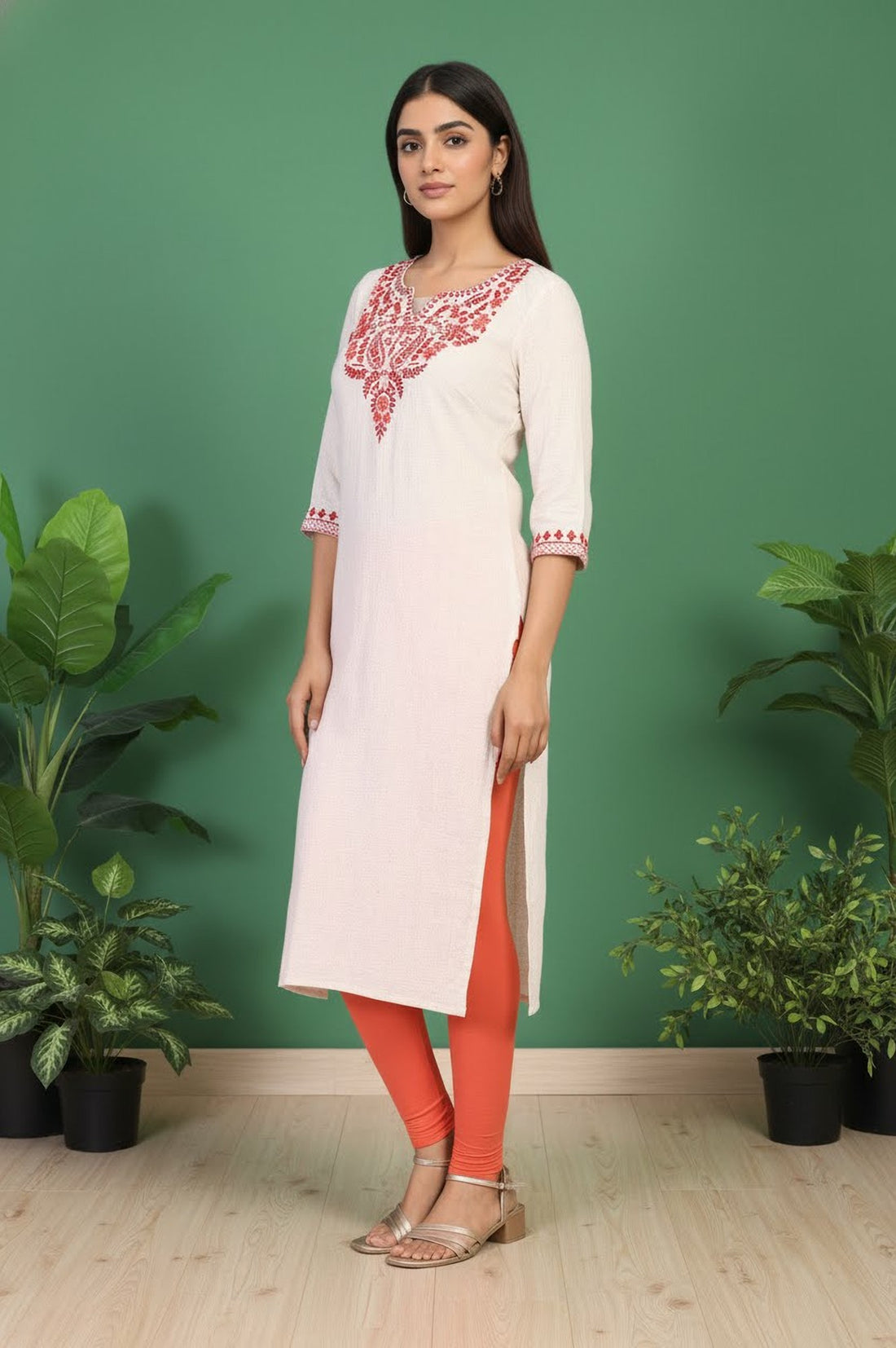 Off-White Embroidered Straight Cotton Kurta