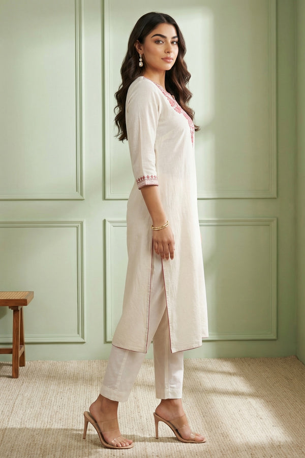 Off-White Embroidered Straight Cotton Kurta