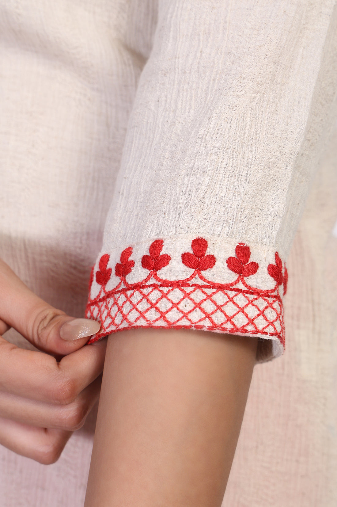 Off-White Embroidered Straight Cotton Kurta