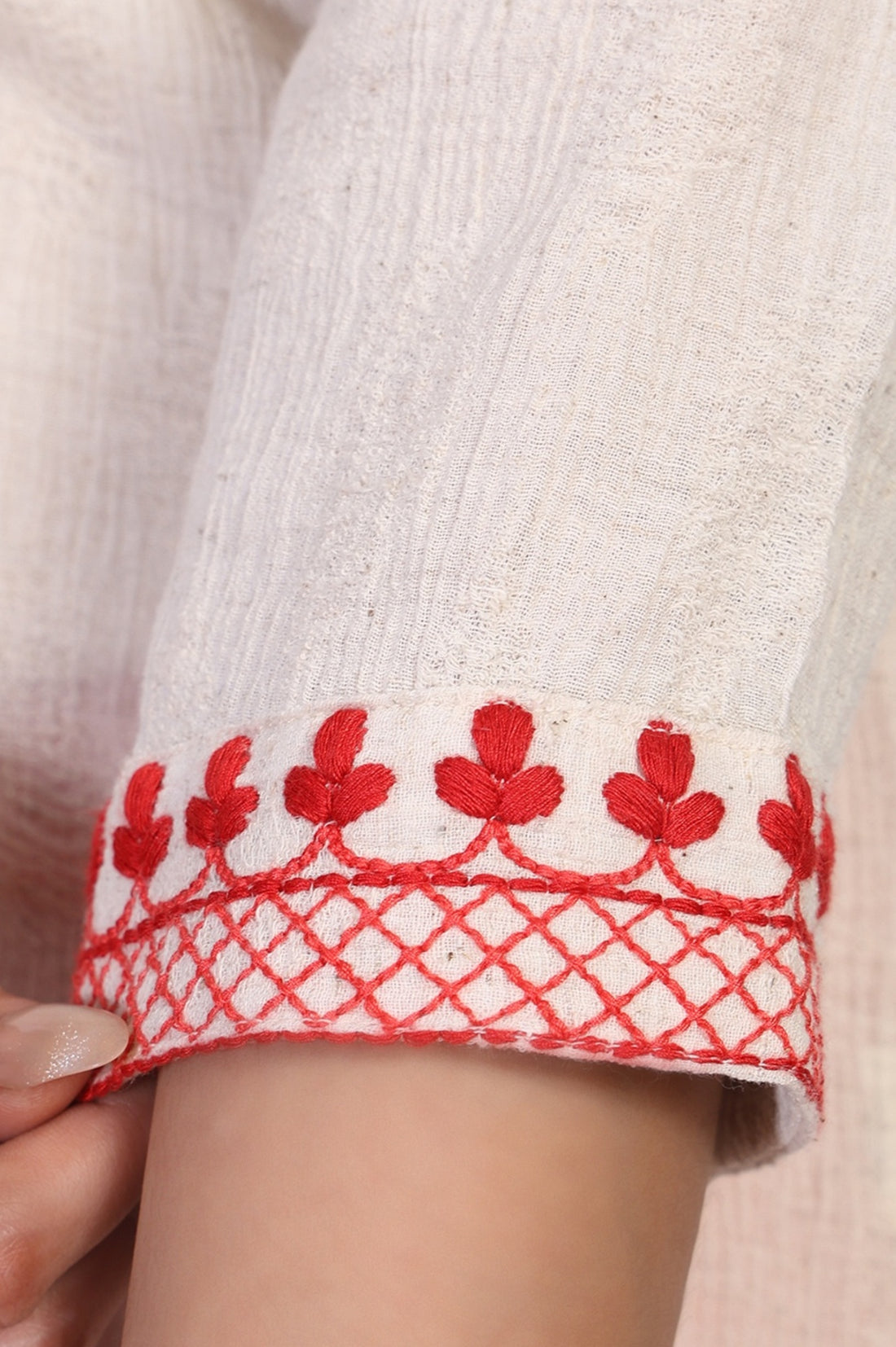 Off-White Embroidered Straight Cotton Kurta