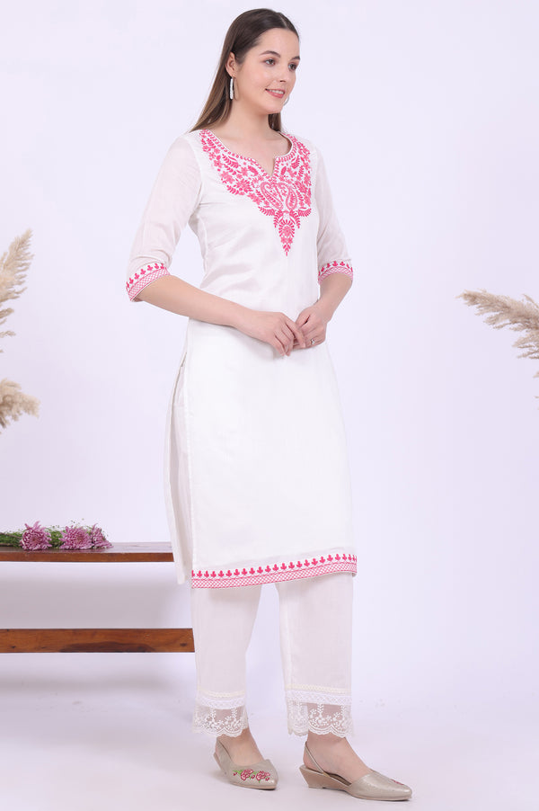 White Embroidered Straight Pure Cotton Kurta
