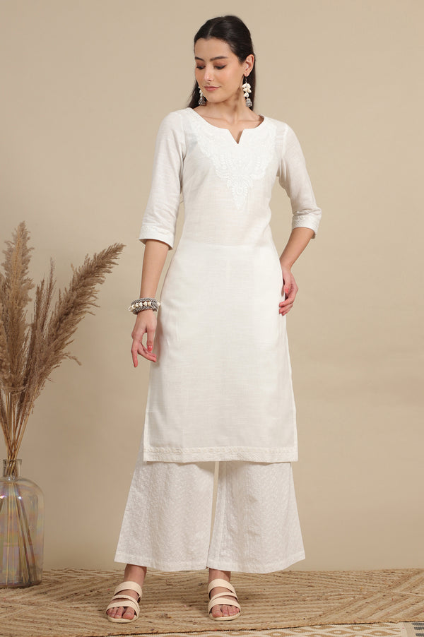 White Thread Embroidered Pure Cotton Straight Kurta