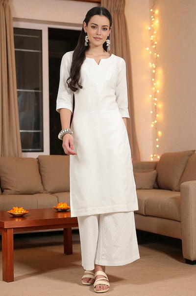 White Thread Embroidered Pure Cotton Straight Kurta