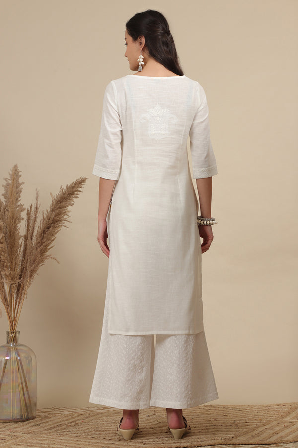 White Thread Embroidered Pure Cotton Straight Kurta