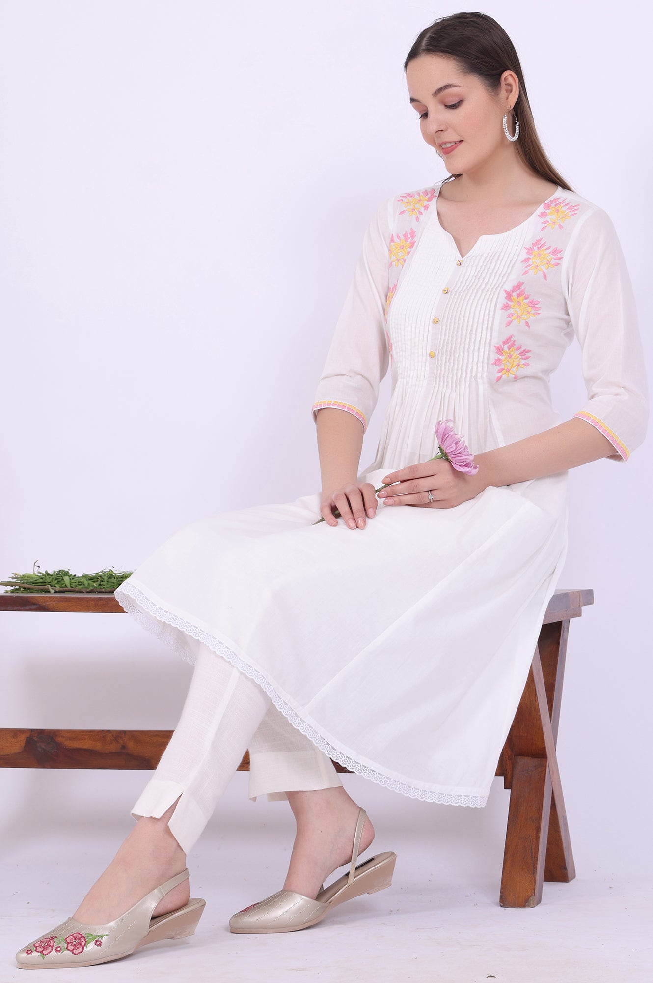 White Embroidered A-Line Pure Cotton Kurta