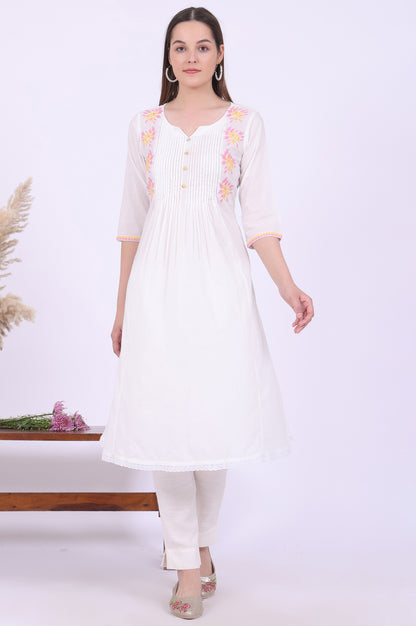 White Embroidered A-Line Pure Cotton Kurta