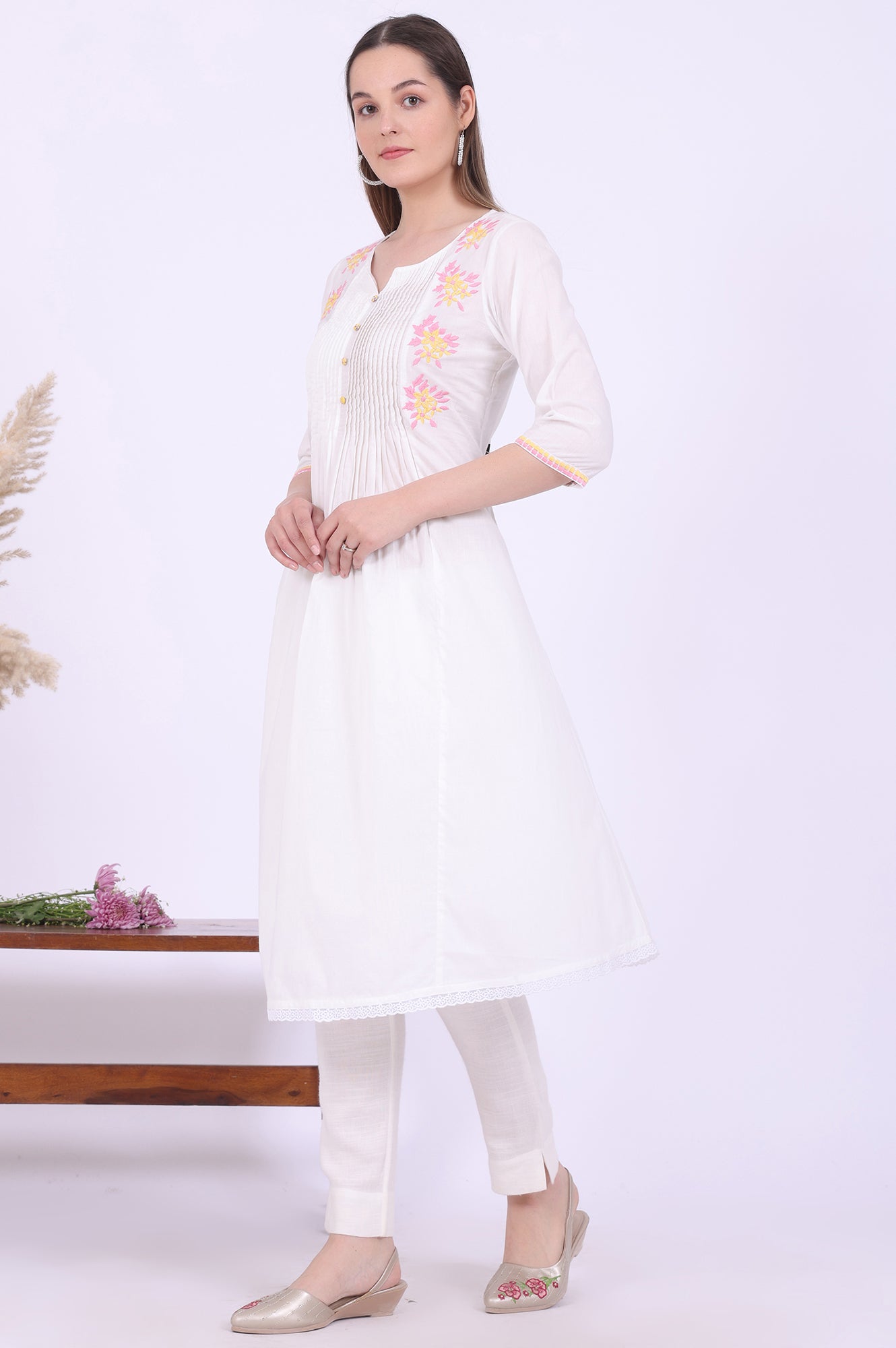 White Embroidered A-Line Pure Cotton Kurta