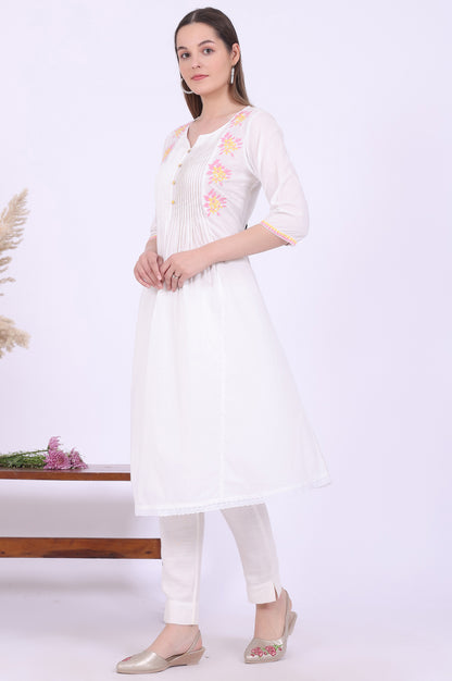 White Embroidered A-Line Pure Cotton Kurta