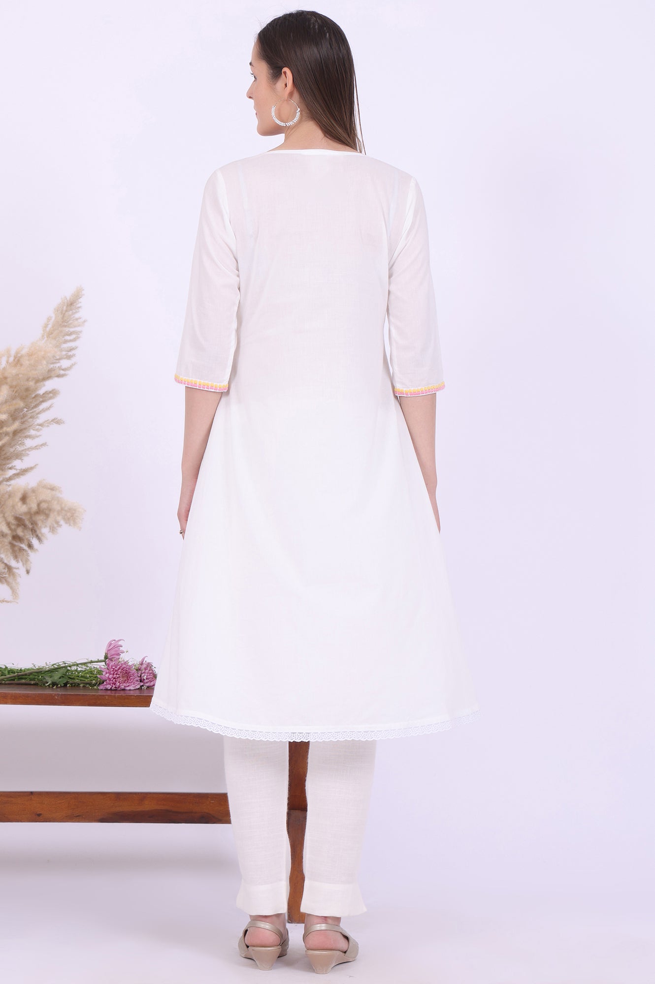 White Embroidered A-Line Pure Cotton Kurta