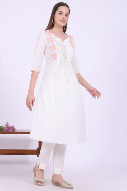 White Embroidered A-Line Pure Cotton Kurta