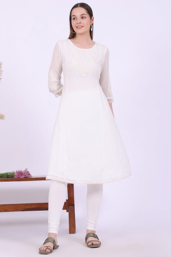 Beige Embroidered A-Line Cotton Blend Kurta