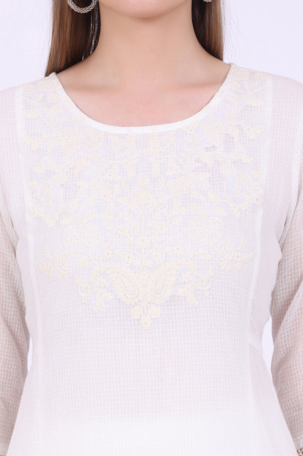 Beige Embroidered A-Line Cotton Blend Kurta