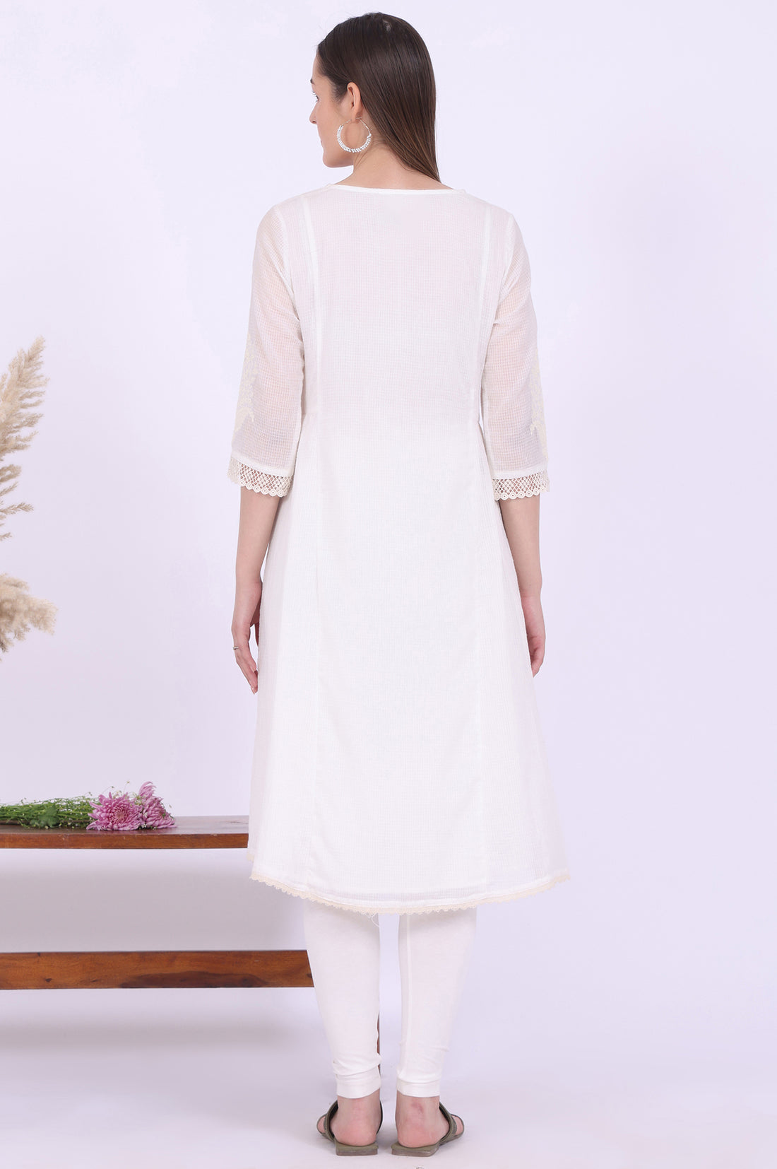 Beige Embroidered A-Line Cotton Blend Kurta