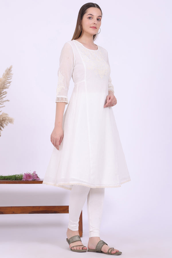 Beige Embroidered A-Line Cotton Blend Kurta