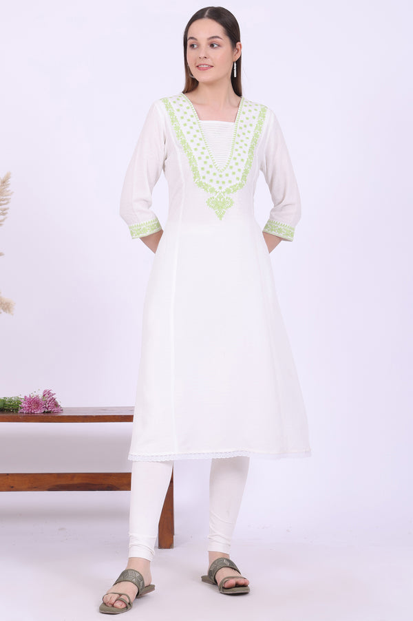 White Embroidered A-Line Kurta