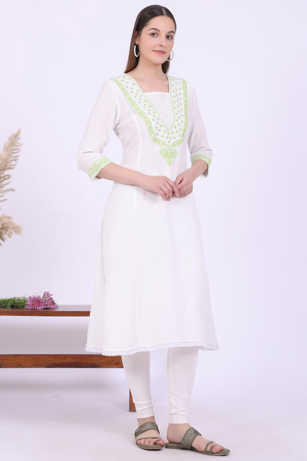 White Embroidered A-Line Kurta