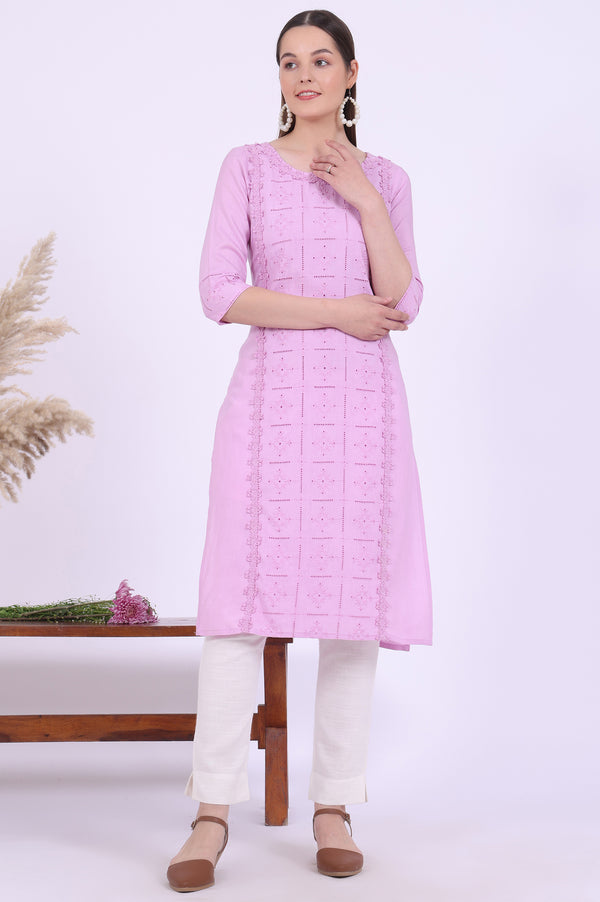 Purple Embroidered Straight Kurta