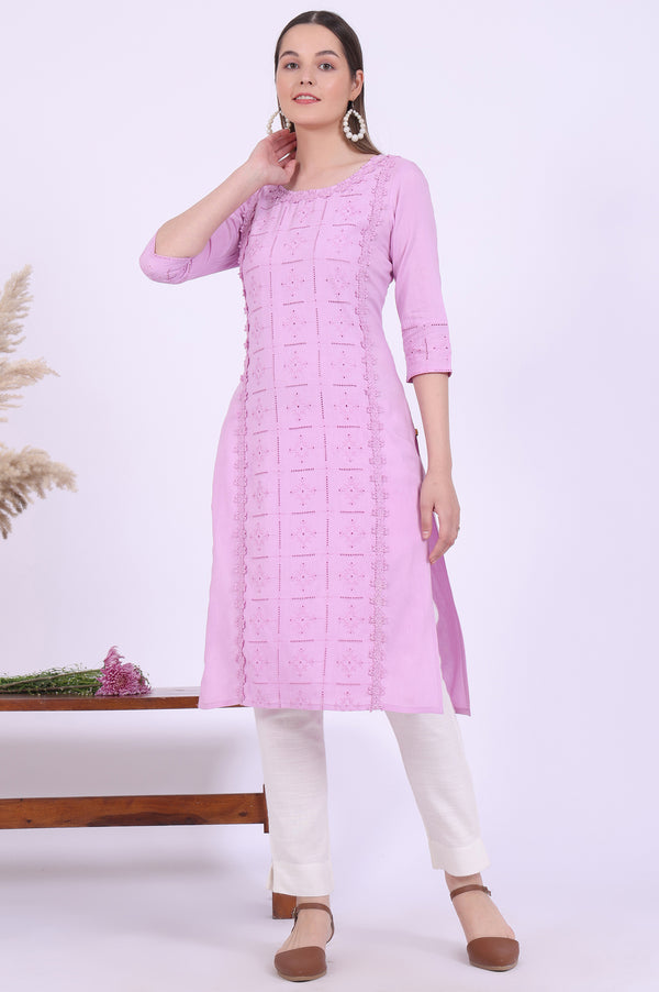 Purple Embroidered Straight Kurta